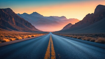 Empty asphalt road and mountain scenery at sunrise with peaceful landscape.