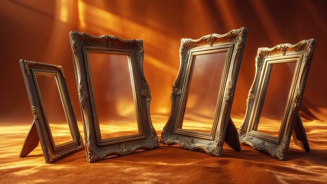 Empty picture frames on a wooden wall exhibit a rustic decor style.