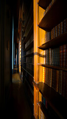 Dark Wooden Bookcases Filled with Antique Books Line a Long Hallway Sunlight Illuminates the Rich Wood Grain
