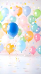 Blue balloon floats, confetti backdrop, studio, celebration