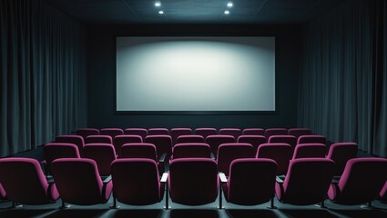 Empty stage in the small movie theater featuring a white isolated screen.