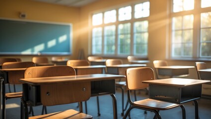 Empty classroom featuring school desks, chairs, and blackboard. Education concept.