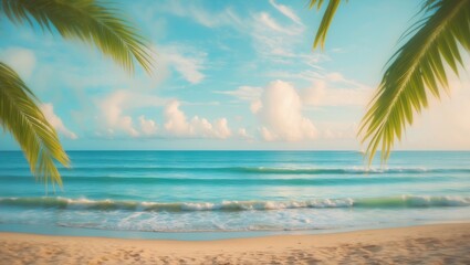 Fototapeta premium Empty beach and palm leaves with blurred background, picturesque sea during daytime.