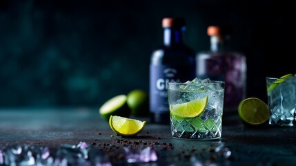 Chilled gin and tonic garnished with fresh lime slices on a moody dark background, highlighting the cocktail's elegance.