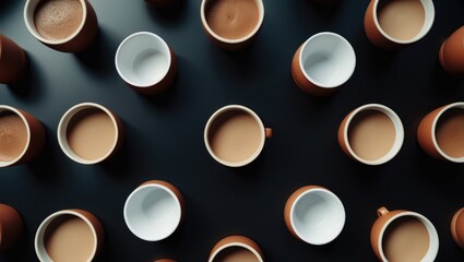 Empty espresso coffee cups on black background, top view. Minimalist breakfast idea, table setting, coffee enthusiasts