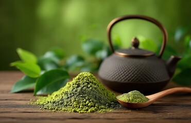 Vibrant green matcha powder pile with whole tea leaves and traditional teapot in background, organic culinary ingredient for healthy beverages and baking, natural texture.​