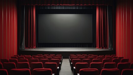 Fototapeta premium Empty cinema auditorium with row of chairs and stage with silver screen. Prepared for customizing your own picture.