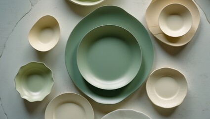 Empty ceramic plates on light background, top view; various empty plates suitable for background use.