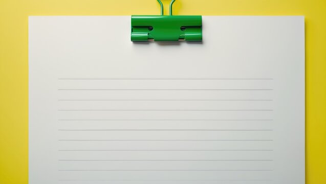 Empty note paper with a clip on yellow art paper background providing space for your design.