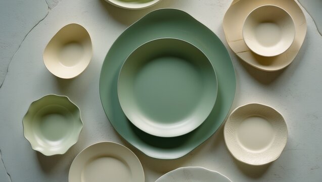 Empty ceramic plates on light background, top view; various empty plates suitable for background use. - Powered by Adobe