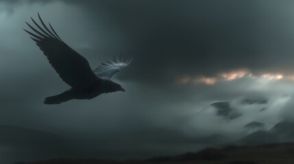 Fototapeta premium Dark bird soaring through stormy skies, dramatic atmosphere, themes of freedom and resilience, open space for text.