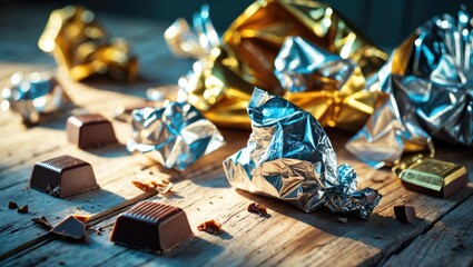 Empty chocolate pack placed on a wooden board.