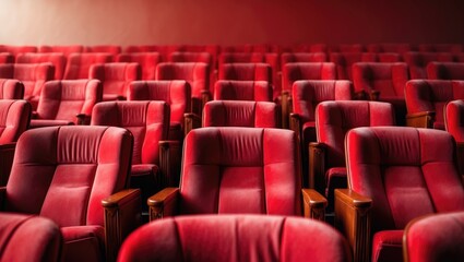 Obraz premium Empty auditorium with red chairs, theatre or conference hall ambiance.