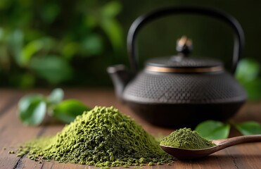 Vibrant green matcha powder pile with whole tea leaves and traditional teapot in background, organic culinary ingredient for healthy beverages and baking, natural texture.​