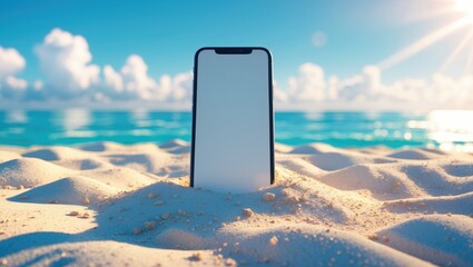 Empty screen smartphone on white sand beach with summer sky and blue sea in the background