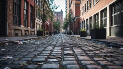 Empty view of Crobsy Street filled with trash in the NoHo neighborhood of Manhattan in New York City NYC