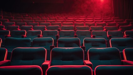 Empty rows of seats in a public theatre stage with an empty theatre auditorium