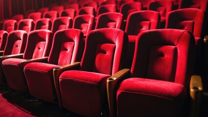 Obraz premium Empty red seats for cinema, theater, conference, or concert space.