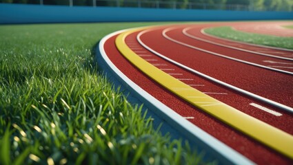 Empty red curve synthetic running tracks and green field in an outdoor athletic stadium