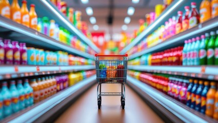 Empty Shopping cart at supermarket with no groceries inside.