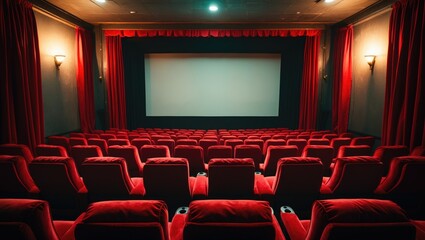 Fototapeta premium Empty theater auditorium with blank screen or movie cinema with red seats before show time.