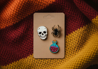 Mockup of enamel pin set on a cardboard backing featuring Halloween icons