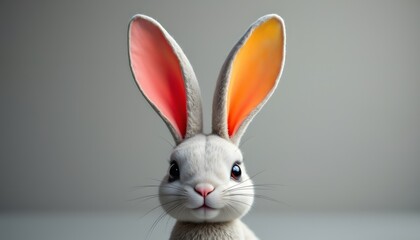 Obraz premium A charming rabbit figure is positioned in front of a muted, achromatic backdrop. Its prominent auditory appendages display a spectrum of warm hues, transitioning from a rosy tint to a citrus shade