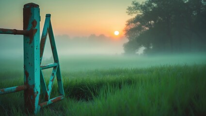 Fototapeta premium Farmer in the field with a gate at sunrise outdoors, with water droplets and a frosty cold atmosphere.