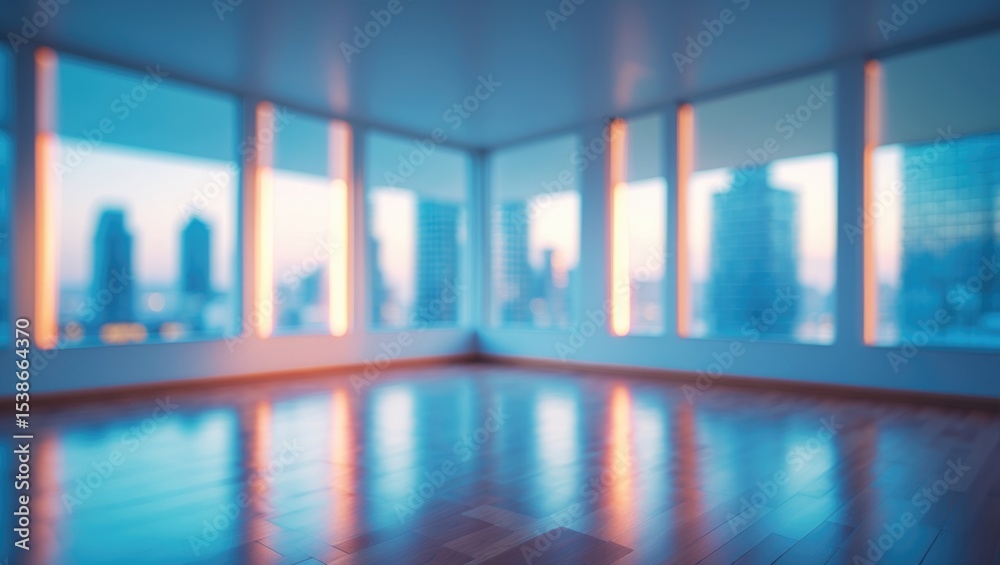 Poster blurred background of a bright and spacious modern apartment interior with large windows showcasing 