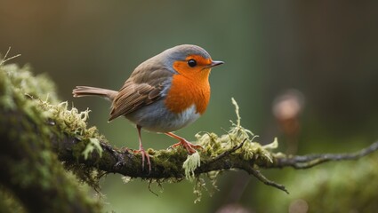 European Robin (Erithacus rubecula) perched on a branch within the Dutch forest.