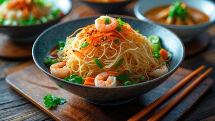 A bowl of stir-fried vermicelli with eggs, carrots, and spices, presented on a wooden table. Ideal for highlighting cuisine, home cooking, or food styling ideas.