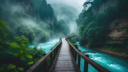 Fototapeta premium Famous foggy gorge featuring a wooden footbridge crossing the river following summer rain. A well-known destination for hiking and tourism.