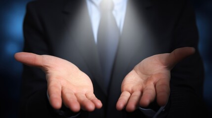 Obraz premium Professional businessman in a dark suit with white shirt and tie extending open hands outward, palms up, presenting or offering against blurred blue background with dramatic central light glow.