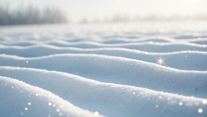 Stunning winter landscape. Icy grass covered in snow. Winter nature illuminated by sunset rays.