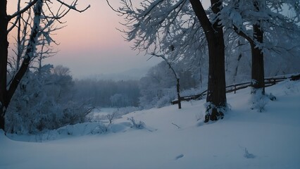 Snowy Forest Landscape with Trees and Fences at Sunrise in Winter