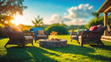 Beautiful backyard featuring abundant sunshine, vibrant grass, and a fire pit.
