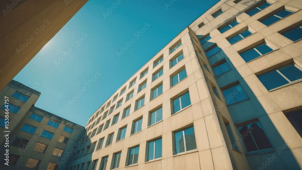 Aufkleber Exterior view of a structure with outer walls constructed from light-colored brick stones, under a blue sky
