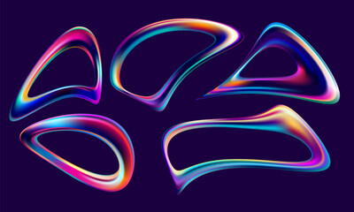 Set of iridescent fluid shapes and bubbles. Collection of colorful vector design elements.
