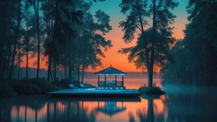 Fototapeta premium Experience a peaceful retreat by the lakeside, immersed in tranquil calmness and scenic beauty.