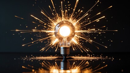 Exploding lightbulb positioned in front of a background.