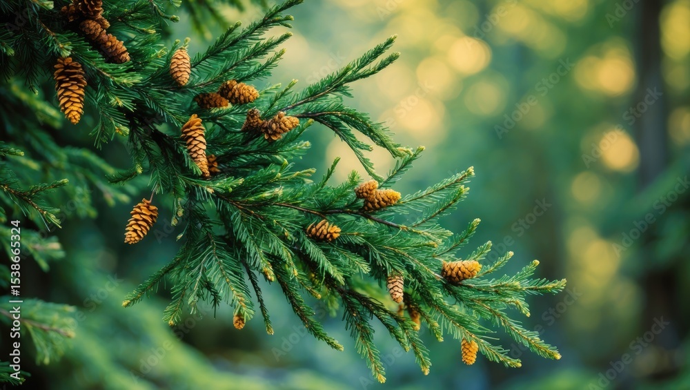 Poster Evergreen cypress leaves along with developing cones.