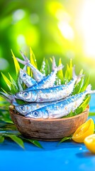 Fresh fish, tropical setting, bowl, sunlight, ocean