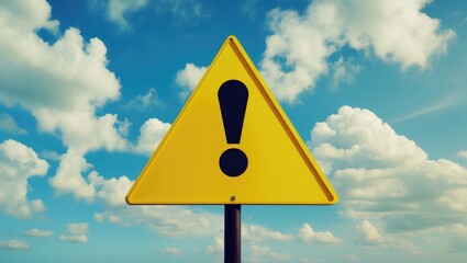 Exclamation point of attention against the sky. yellow triangular sign. Danger warning. Attention