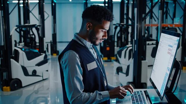 Warehouse technician managing logistics on laptop - Powered by Adobe