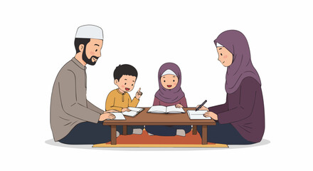 Muslim Family Studying Together Father, Mother, and Children Reading Quran