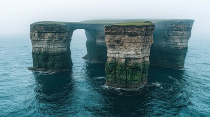 Misty sea stacks, archway, and grassy islet