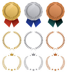 ランキング用フレームデザインセット(1位 金銀銅 メダル 月桂樹 ベクターイラスト 編集可能 背景透過PNG 冠 ゴールド アイコン リボン 賞)	
