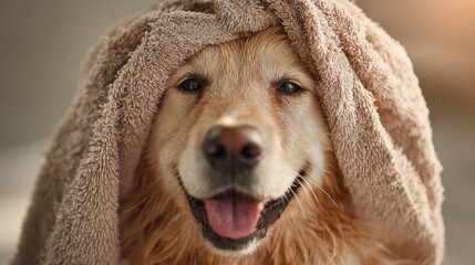 Happy Golden retriever with a towel on its head  Generative Ai