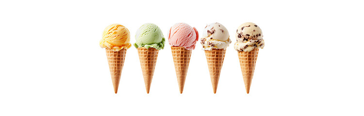 Ice cream scoop on waffle cone set Collection Multiple Flavors, cutout,Mockup Assorted Cones,  Isolated on Transparent Background, png