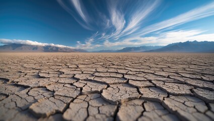 Fototapeta premium Drought land on the Pampa with the Andes mountains set against a clear blue sky.